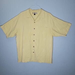 Tommy Bahama Men's L Embroidered Silk Yellow Shirt PHD Pop Had Dough Trustarian